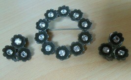 Vintage Floral Rhinestone Brooch &amp; Matching Clip-on Earrings - $44.55