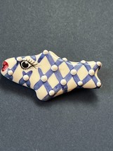 Artist Signed Blue &amp; White Criss Cross Polka Dot Girly Ceramic Fish Pin ... - $14.89