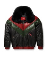 Kmax Men Bubble V Bomber Sheepskin Leather Jacket With Removable Fox Fur Collar - $199.99