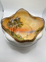 Nippon Antique Hand Painted Crimped edge Bowl Sail Boats Sunset Moriage Edge - £24.60 GBP
