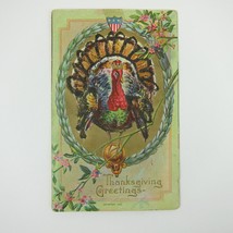 Thanksgiving Postcard Wild Turkey Gold Crown Garland Wreath Embossed Antique - £7.98 GBP