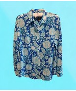 Talbots Women’s Button-Up Top Shirt Size M Aqua Royal Blue Cotton Floral... - $30.26 CAD