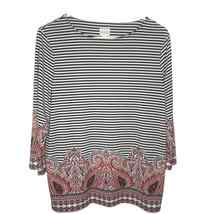 Chicos Shirt Women M 1 Stripe Paisley Scoop Neck 3/4 Sleeve Boho Nautical - £17.60 GBP