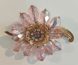 Flower Brooch Pin Pink Crystal Beads with Pink and Crystal Rhinestones 1... - $34.95