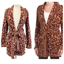 NEW 525 Fringe Cardigan Sweater Belted Animal Print Long Cocoa Multi Women&#39;s M  - £72.55 GBP