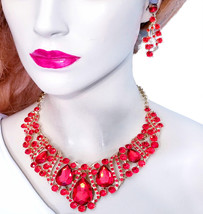 Red Statement Necklace, Rhinestone Necklace Earrings, Bridesmaid Pageant Jewelry - £38.74 GBP