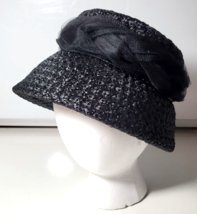 Vintage Woman&#39;s Bucket Church Hat Mourning Hat Union Made 7&quot; Black - £23.73 GBP