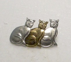 Three Cats Brass &amp; Pewter Brooch Pin 1 x 1 3/4&quot;  - £3.96 GBP