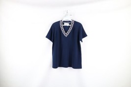 Vintage 70s MCM Mid Century Modern Womens 42 Flower Knit V-Neck T-Shirt USA - £34.79 GBP