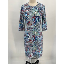 J. McLaughlin Sheath Dress Sz S Blue Red White Printed 3/4 Sleeve Bodycon - £22.72 GBP