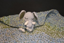 Handmade Crochet Knit Gray Elephant Baby Security Blanket Lovey Blue Green Toy - £34.02 GBP