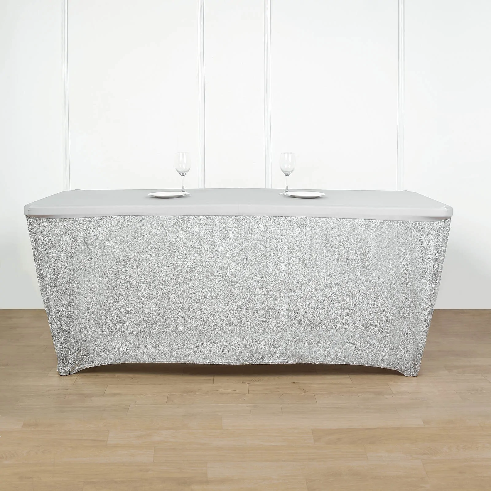 Silver - 6ft Table CoverRuffled Metallic Spandex Plain Top Indoor &amp; Outdoor - £40.79 GBP
