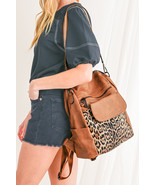 Coffee Leopard Patchwork PU Leather Functional Backpack - $35.33