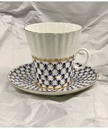 Russian Imperial Lomonosov Porcelain Bone Coffee cup and saucer Cobalt Net - £59.52 GBP