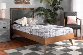 Sadiya Dark Gray Fabric Walnut Brown Twin Size Platform Bed - $9,007.41 MXN