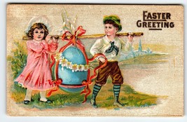 Easter Postcard Boy Girl Giant Blue Painted Egg Greetings Embossed 1911 Vintage - £12.30 GBP