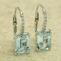 14K White Gold Over 3 Ct Emerald Cut Lab-Created Aquamarine Dangle-Drop Earrings - £95.63 GBP