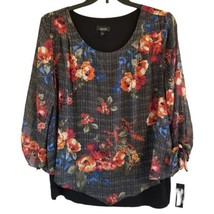 Alyx Women&#39;s Size 2X Colorful Floral Patterned Black 3/4 Sleeve Blouse - £22.94 GBP