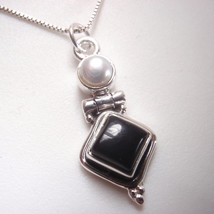 Small Round Black Onyx and Cultured Pearl 925 Sterling Silver Necklace - $14.39