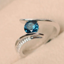 [Jewelry] Aquamarine Blue Crystal Round Rhinestone Copper Silver Ring for Woman - £7.18 GBP