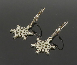 14K GOLD - Vintage Shiny Snowflake Motif French Back Dangle Earrings - GE031 - £215.37 GBP