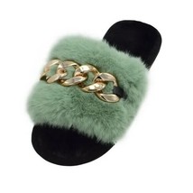 Metal Chain Decor, Flat Open Toe, Furry Slides, Ladies Luxury Designer Shoes - £16.23 GBP
