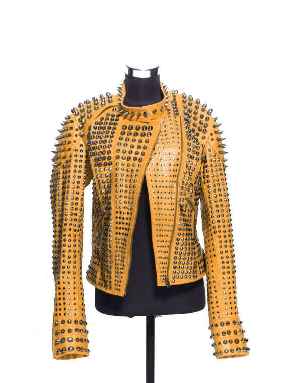 Women's Orange Color Leather Silver Spike Studs Adjustable Belted Waist Jacket