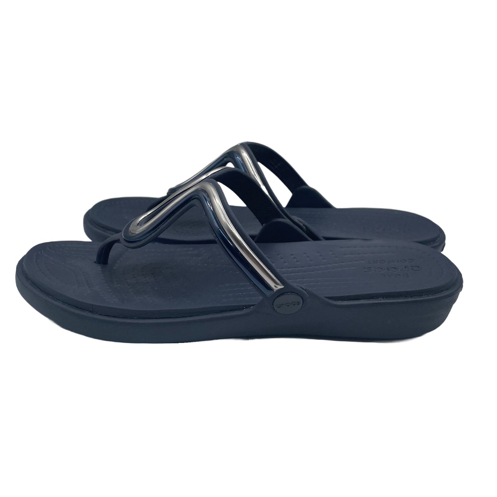 Primary image for Crocs Sanrah Metal Block Flat Flip Flop Sandals Navy Blue Silver Womens Size 9