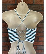 Bathing Suit Top Small/Medium Blue Green Stripe Removable Pads Wide Bandeau - $9.50