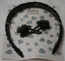 Anita Black Headband &amp; 2 Snap Clips Sparkle Beads Girls Womens 3/4 inch Wide. - £5.99 GBP
