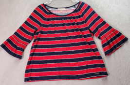 Michael Kors Blouse Top Women Medium Red Navy Stripe Long Sleeve Round Neck Logo - £19.14 GBP