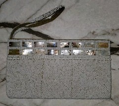 Handmade Beaded Sequin Zip Clutch Purse Wristlet Strap Mother Of Pearl - $34.51