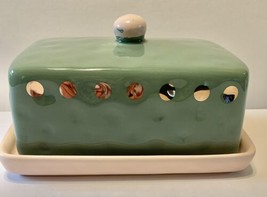 Butter Dish With Lid Glass Green Gold Pink - $9.90