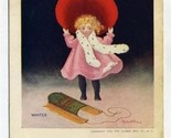 Ullman Winter Postcard Girl in Red Hat with Wooden Sled - $11.88