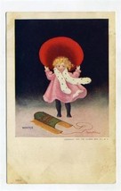 Ullman Winter Postcard Girl in Red Hat with Wooden Sled - £9.34 GBP