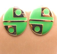 Elegant Earrings Gold &amp; Apple Green Enamel Geometric Designs Button Like Studs - £6.42 GBP