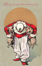 May You Carry Good Fortune Every Where~Clown &amp; PIGS~1903 Gilt Embossed Postcard - £14.48 GBP