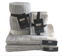DKNY Cabana Striped Blue White 2 Bath Towels 2 Hand 4 Washcloth 8 Pc Towel Set - £86.34 GBP