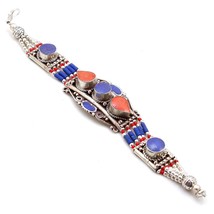 Lapis Lazuli Red Coral Handmade Bohemian Jewelry Bracelet Nepali 7-8&quot; SA 1905 - £11.45 GBP