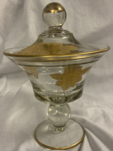 Tiffin Glass Lidded Candy Dish with a Gold Engraved Flowers 9” Tall - $45.31