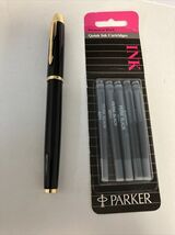 Parker Fountain Pen Black Lacquer Gold Trim Fine Nib IIIQ + Quick Ink Ca... - $49.45
