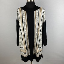 Zenergy Womens 2 = Large L 12 Black Tan White Link Stripes Print Long Sleeve Top - £18.03 GBP