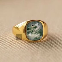 Natural Moss Agate Ring, Unisex Gold Ring, 925 Sterling Silver, Handmade Ring - £69.89 GBP