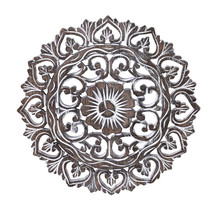 Elaborate Circular Clay Rubbed Lotus Floral Hand Carved Wood Wall Art-12 in - $31.67