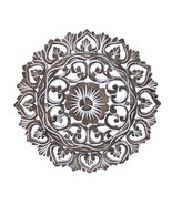 Elaborate Circular Clay Rubbed Lotus Floral Hand Carved Wood Wall Art-12 in - £25.62 GBP