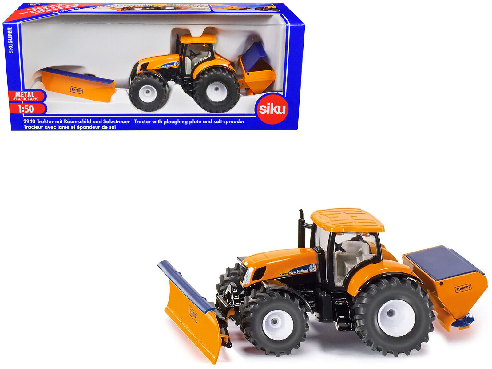 New Holland T7070 Tractor w Ploughing Plate Salt Spreader Yellow 1/50 Diecast Mo - $42.25