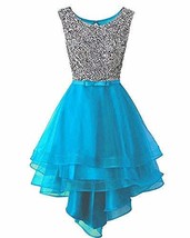 Kivary Beaded High Low Backless Sheer Organza Prom Evening Formal Dresses Blue U - £94.95 GBP