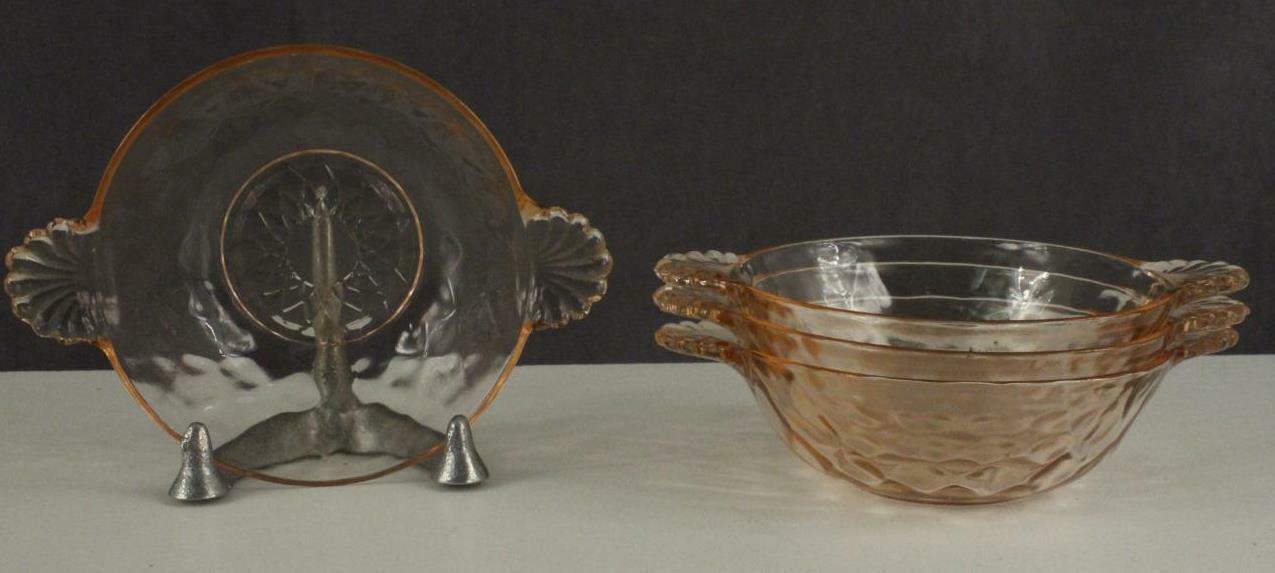 Primary image for Vintage Pink Depression Glass 4PC HOCKING Pink DIAMOND OPTIC Handle Berry Bowls