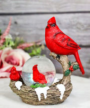 Red Cardinal Bird On Tree Branch Nest With Chicks Water Globe Mini Figurine - $17.99