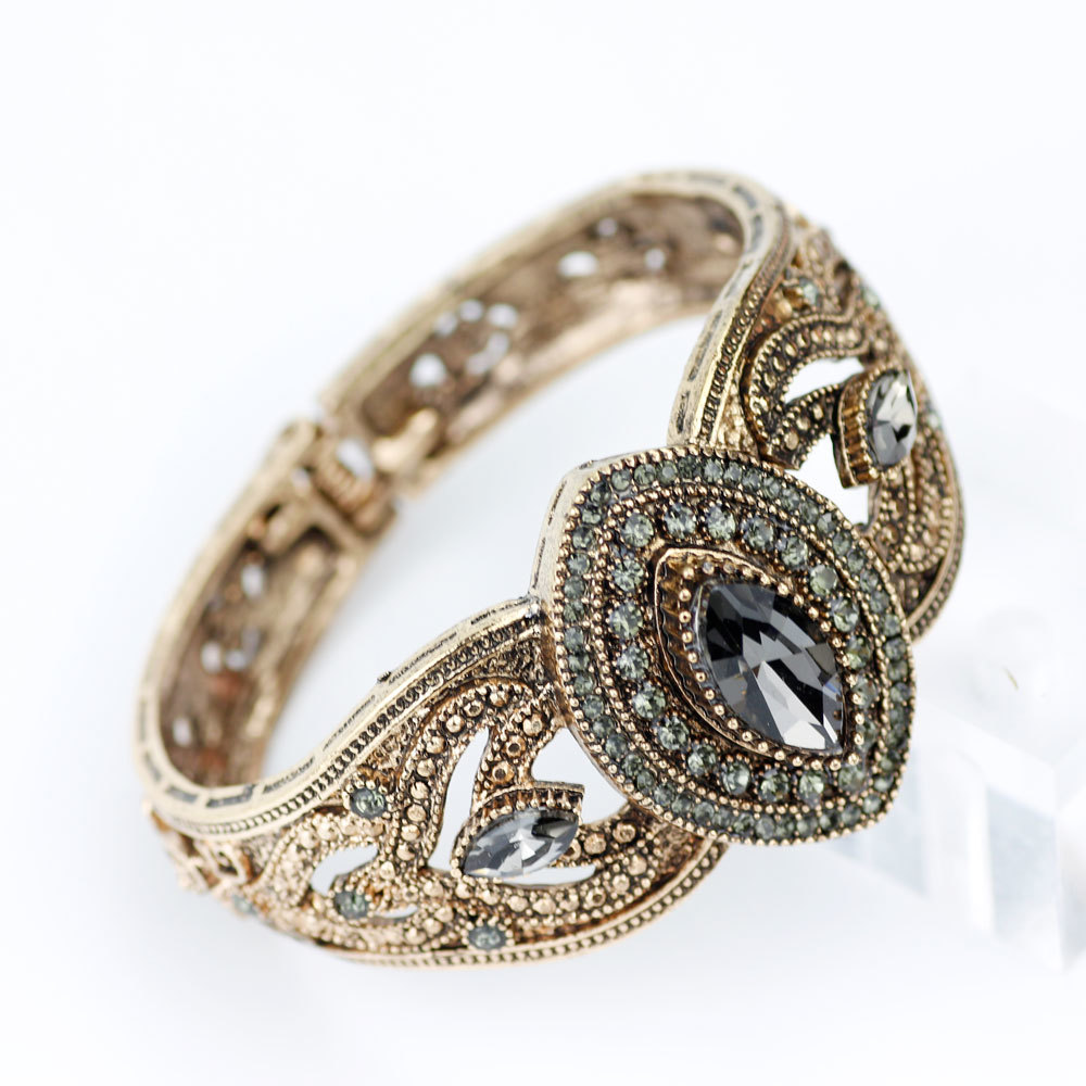 Sunspicems Vintage Bohemia Gray Crystal Bangle For Women Antique Gold Color Char - £10.99 GBP